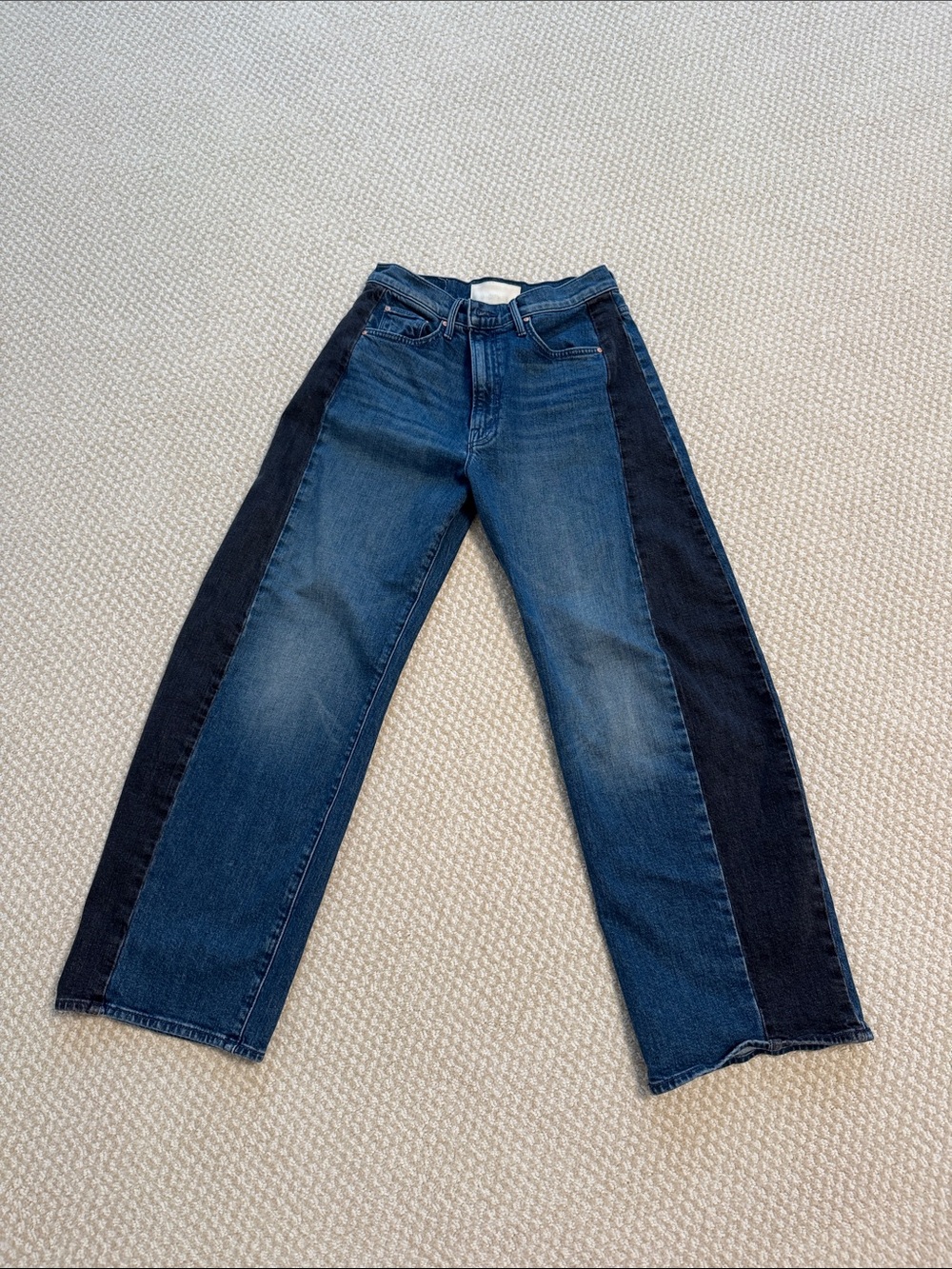 MOTHER Two-Tone Dark and Mid Blue Flare Jeans